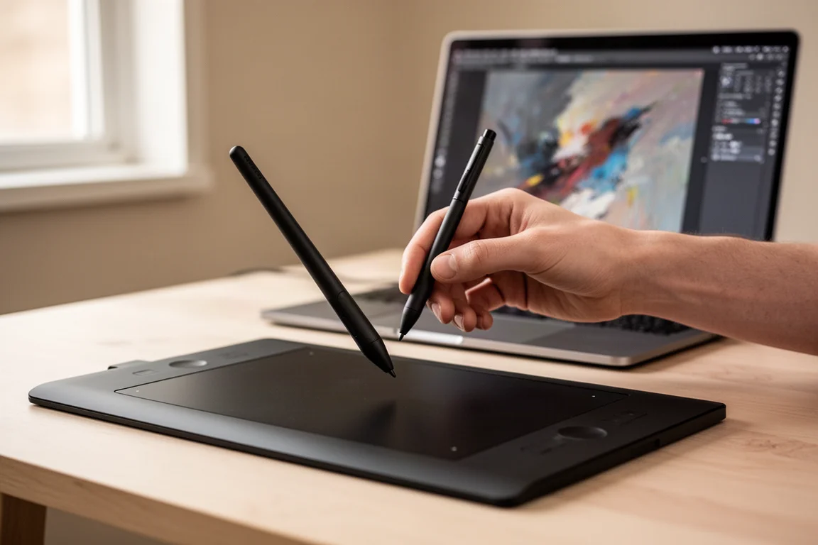 Dłoń artysty trzymająca stylus nad tabletem graficznym obok ekranu laptopa