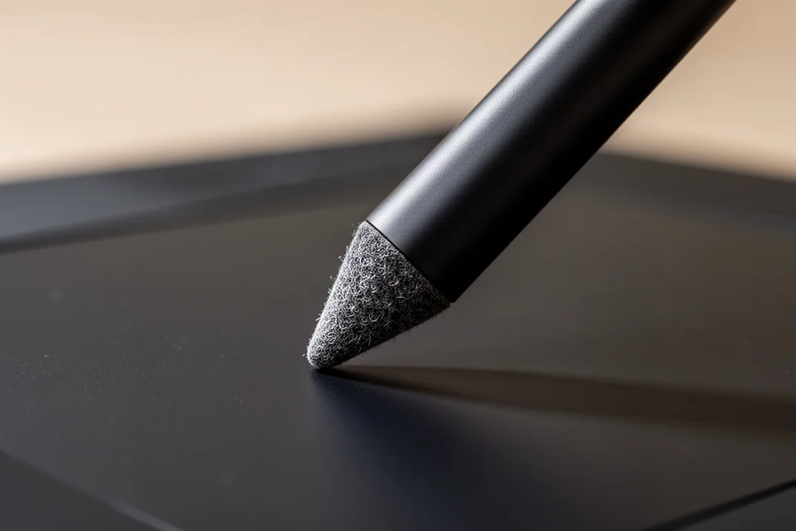 Zbliżenie na filcową końcówkę piórka dotykającą powierzchni tabletu graficznego