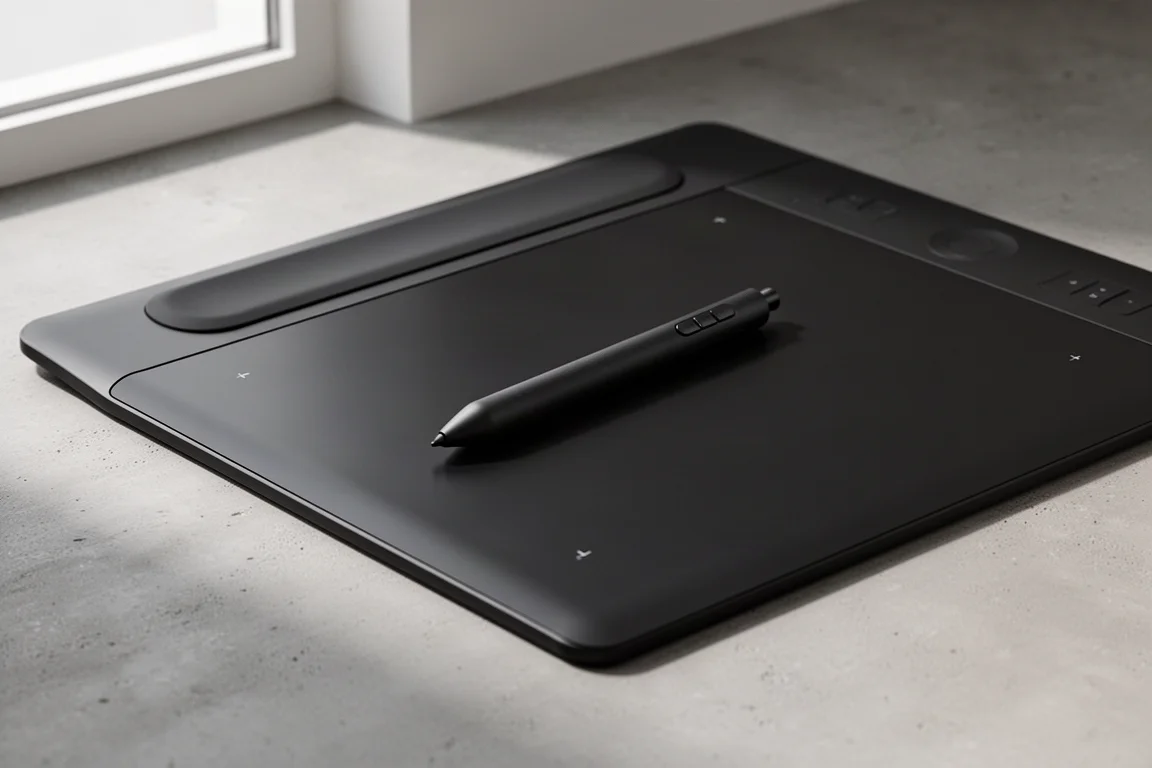 Tablet penna nero con stilo appoggiato sopra, fotografato su una superficie di cemento