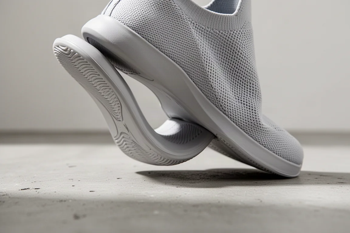 Nahaufnahme einer flexiblen minimalistischen Schuhsohle, die sich biegt und ihr Bodengefühl-Design zeigt
