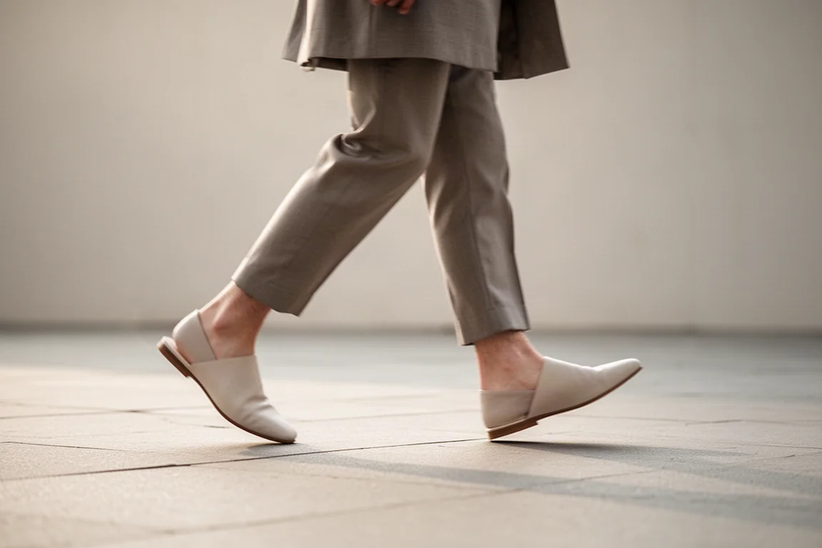 Person läuft bei weichem Tageslicht in minimalistischen Schuhen auf einem befestigten Weg