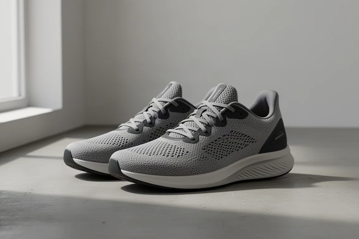 Pair of minimalist shoes with thin flexible soles on a concrete surface