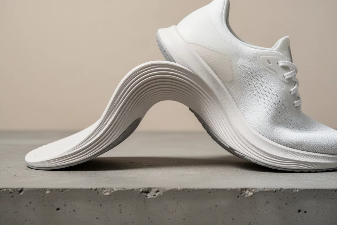 Primer plano de la fina y flexible suela de un calzado minimalista para correr flexionándose sobre hormigón