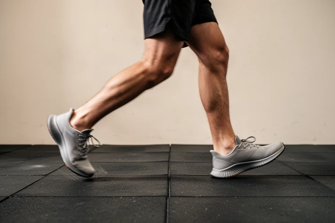 Atleta realizando un movimiento lateral en el gimnasio sobre suelo de goma con calzado minimalista