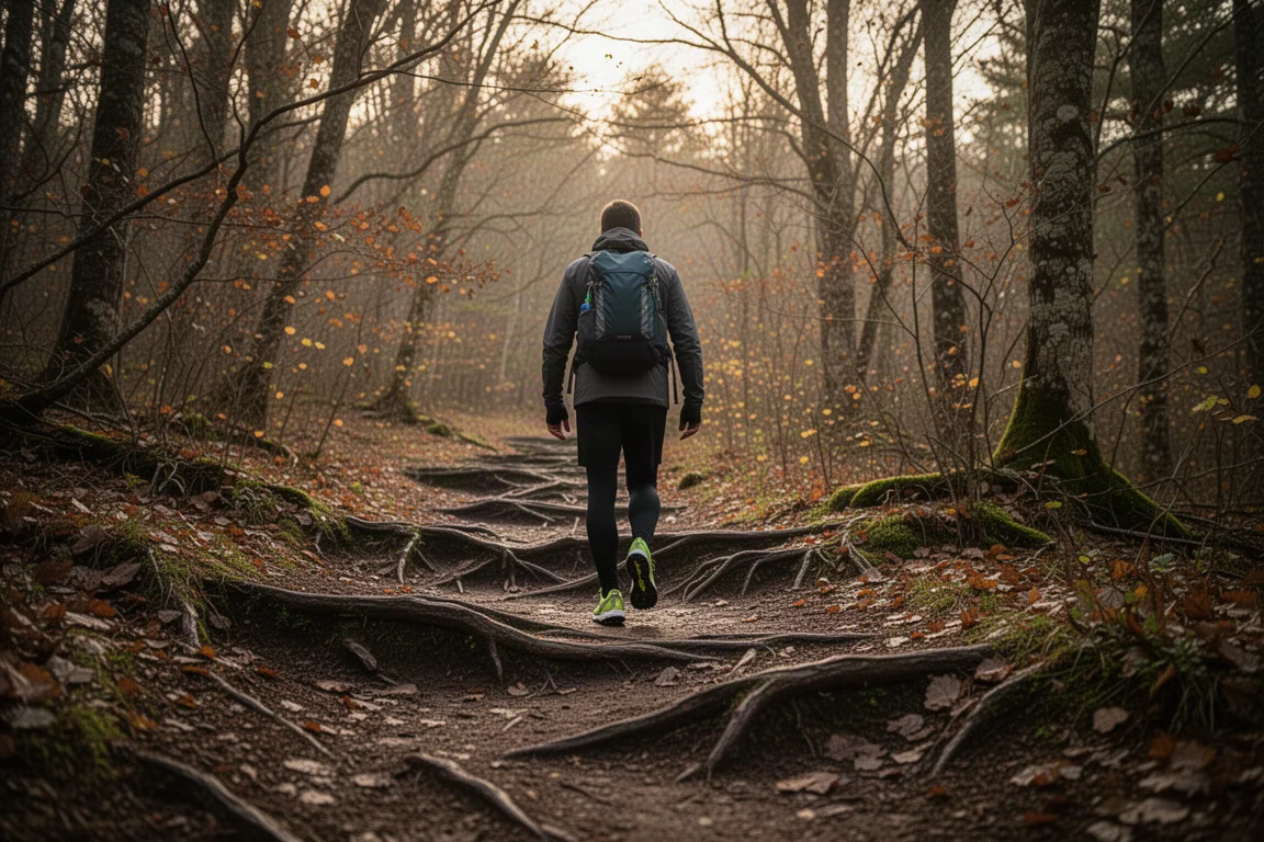 Corredor de trail caminando por un sendero forestal cubierto de raíces con luz suave de otoño