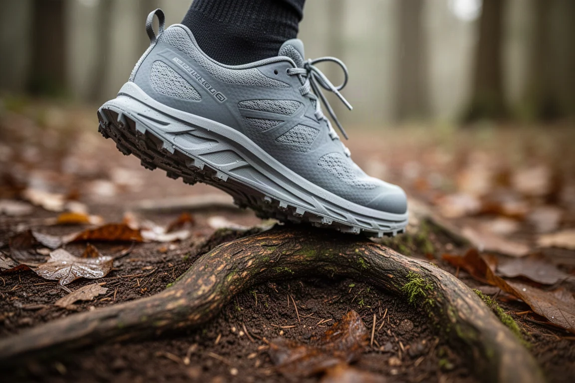 Primer plano de una zapatilla flexible de suela fina doblándose sobre una raíz de árbol