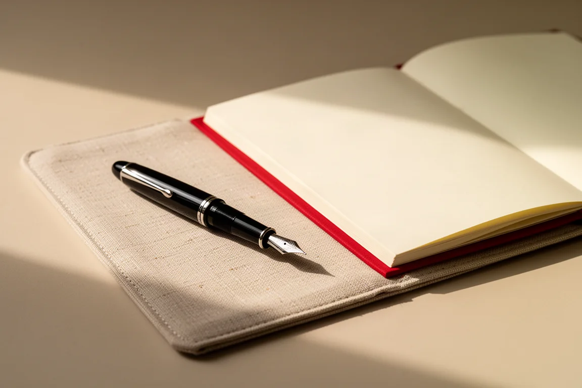 Caneta-tinteiro pousada, sem a tampa postada, sobre uma mesa ao lado de um caderno aberto