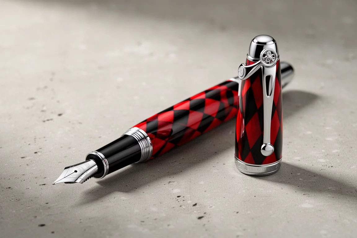 Penna stilografica Xezo Visionary con motivo arlecchino rosso e nero e dettagli cromati