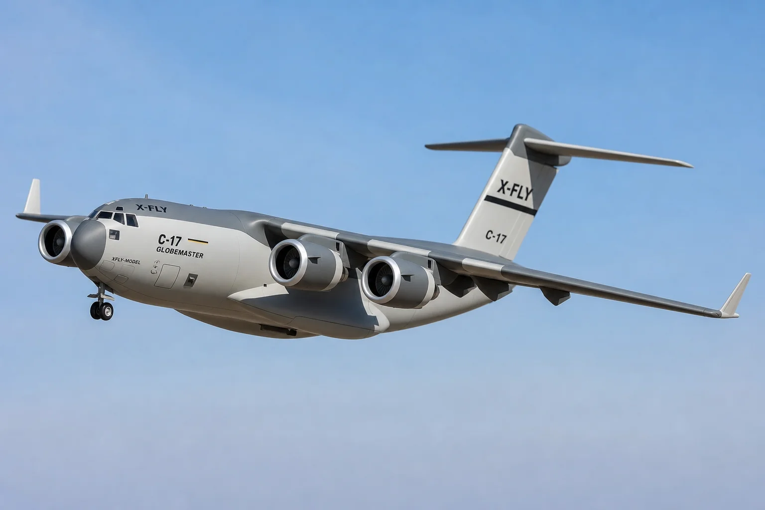 X-Fly C-17 Globemaster RC aircraft in flight with four ducted fans visible