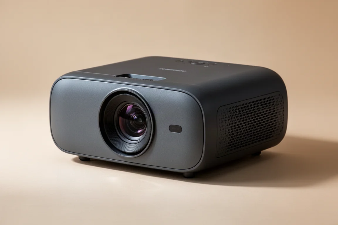 Flat-lay of spring sale tech products including a projector, robotic vacuum, dash cam, and smart plug