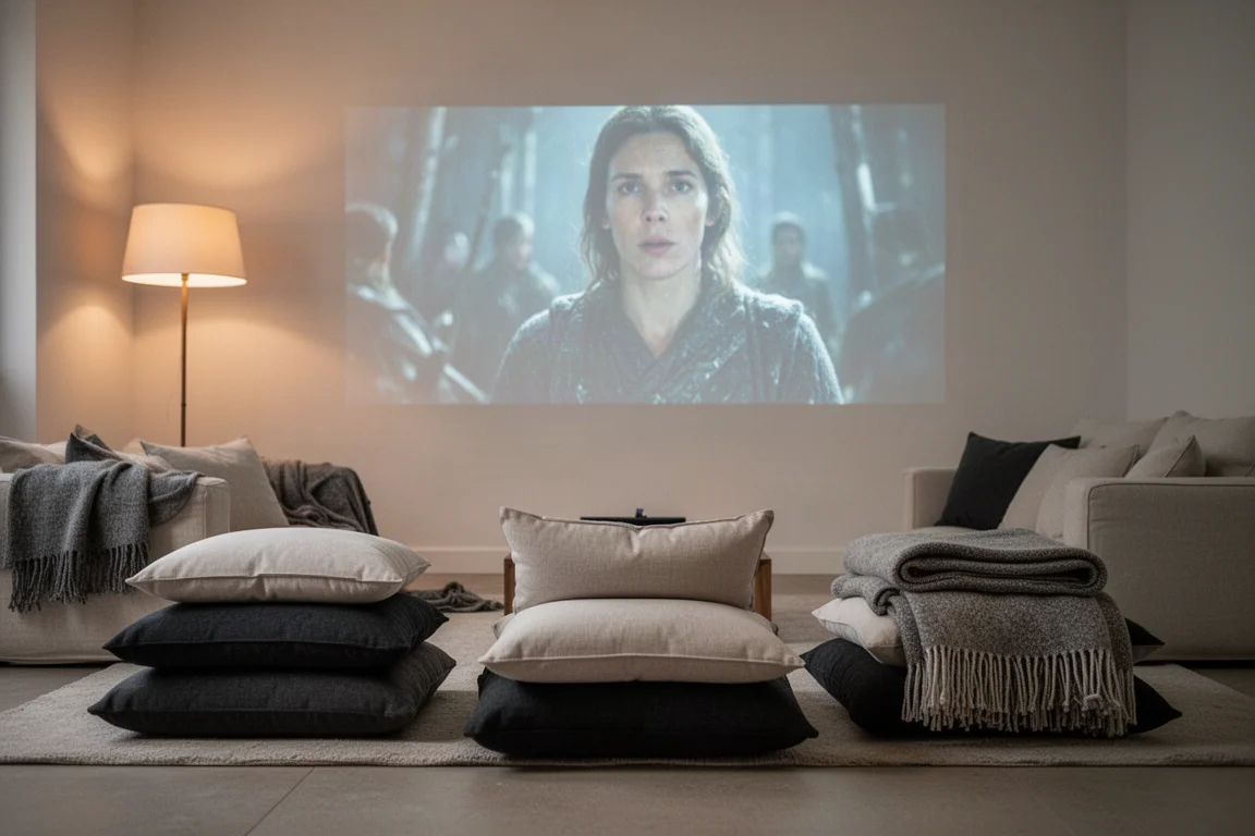 Pokój rodzinny przygotowany na wieczór filmowy z poduszkami i projekcją