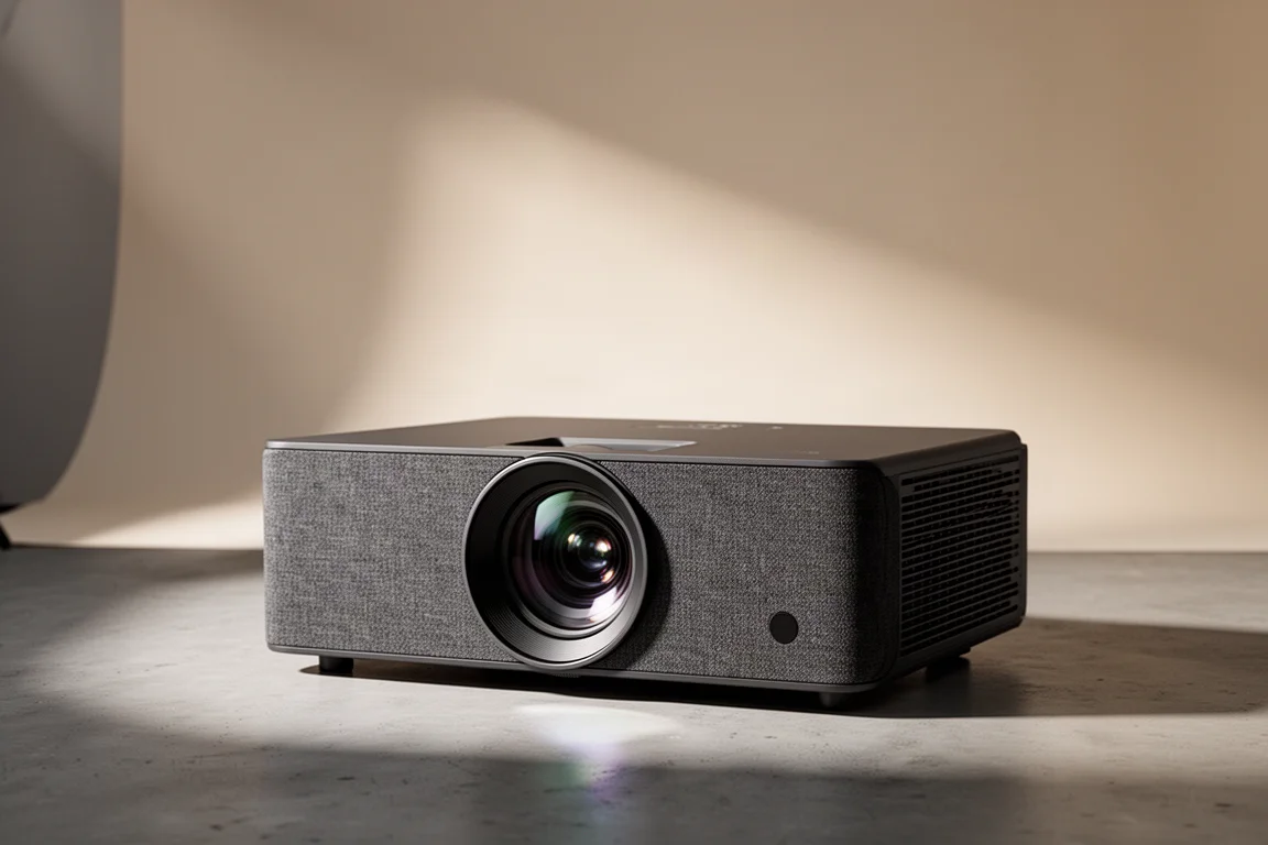 Dark rectangular home cinema projector on a concrete surface with soft projected light behind it
