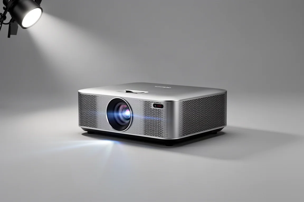 Row of ten flagship projectors on a table in a dark room