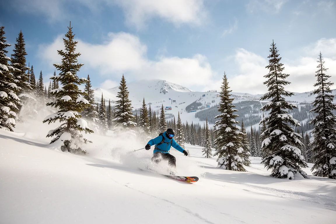 Snowboarder tnący przez śnieżne drzewa przy błękitnym niebie w ośrodku narciarskim