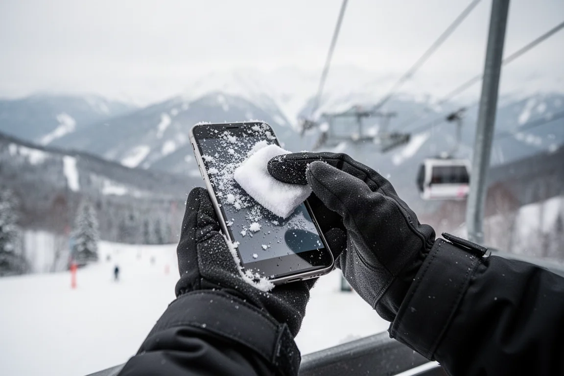 Snowboarder wycierający śnieg z ekranu telefonu przed nagraniem kolejnego klipu