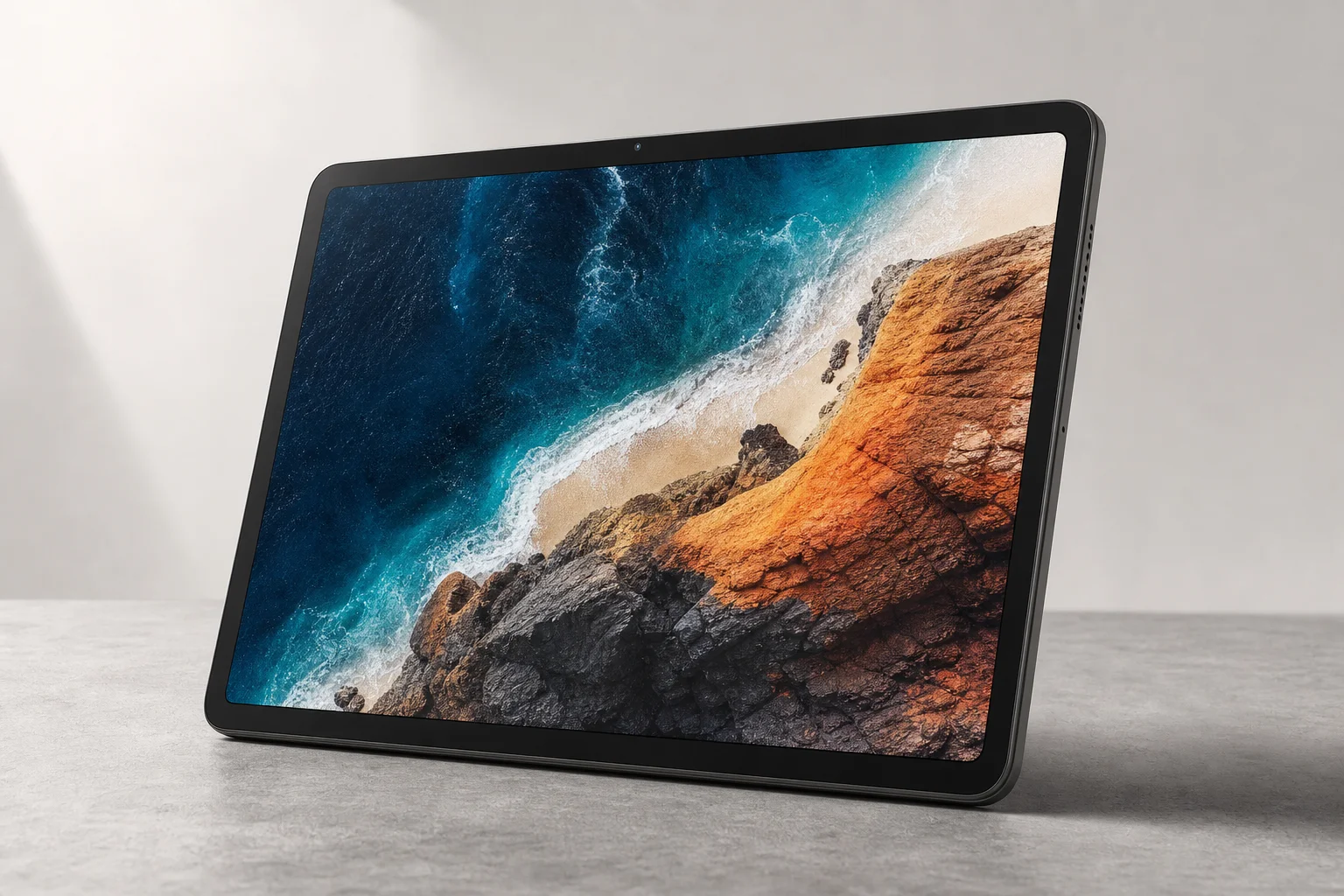Sechs kompakte Tablets auf einer Betonoberfläche, die verschiedene Modelle und Größen zeigen