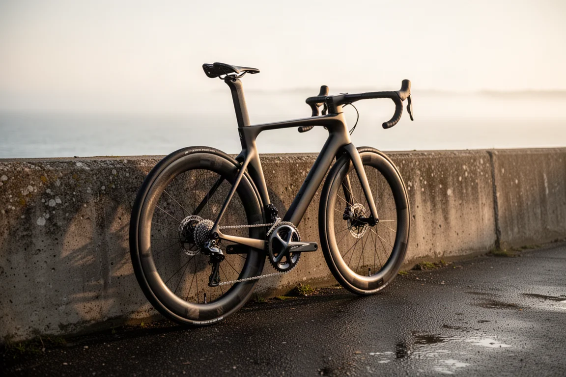 Bike aero apoiada contra uma parede de concreto em um acostamento de estrada litorânea