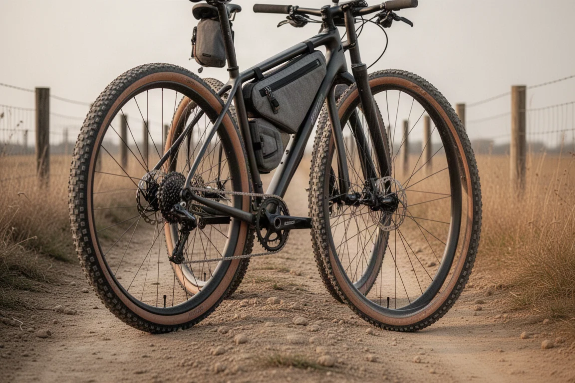 Bike gravel estacionada em uma estrada de terra empoeirada, com pneus largos e bolsa de quadro
