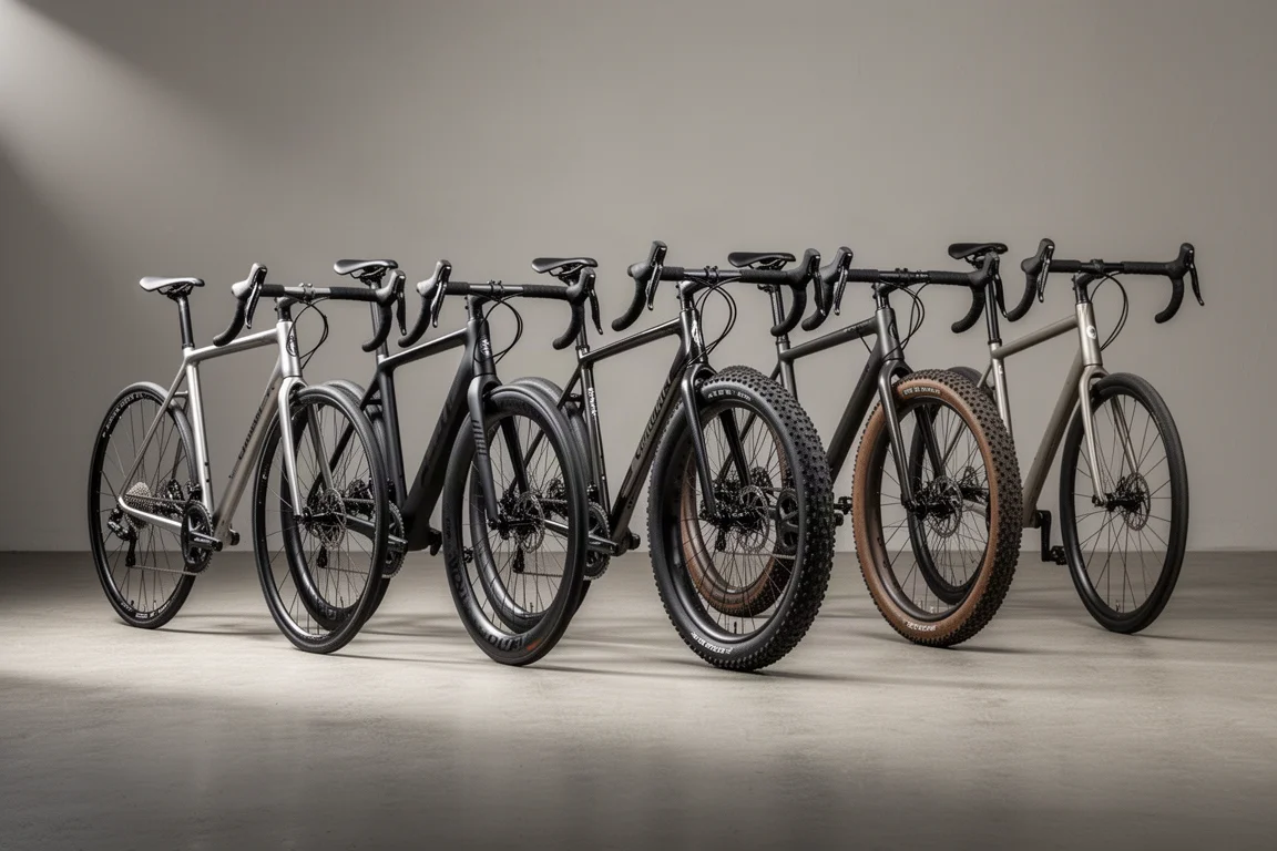 ロード、エアロ、クライミング、グラベル、通勤モデルにまたがる5台の自転車をスタジオで撮影した様子