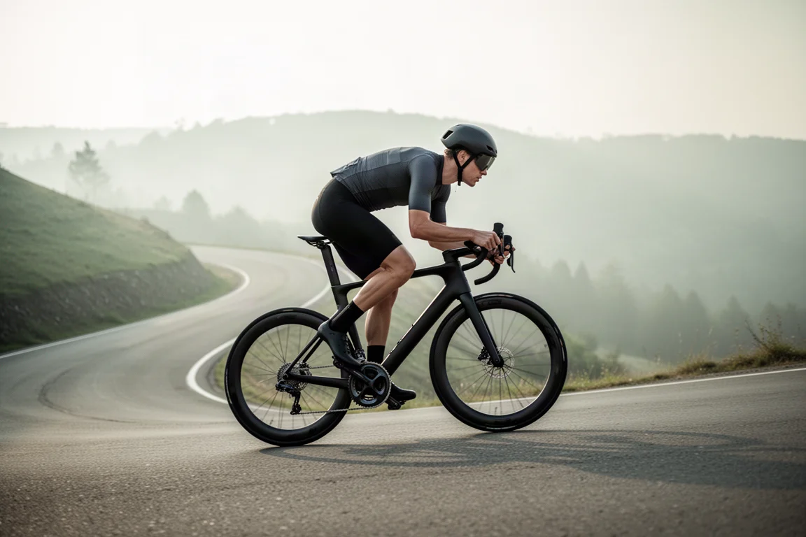 Road cyclist in a stretched racing position climbing a smooth road in morning light