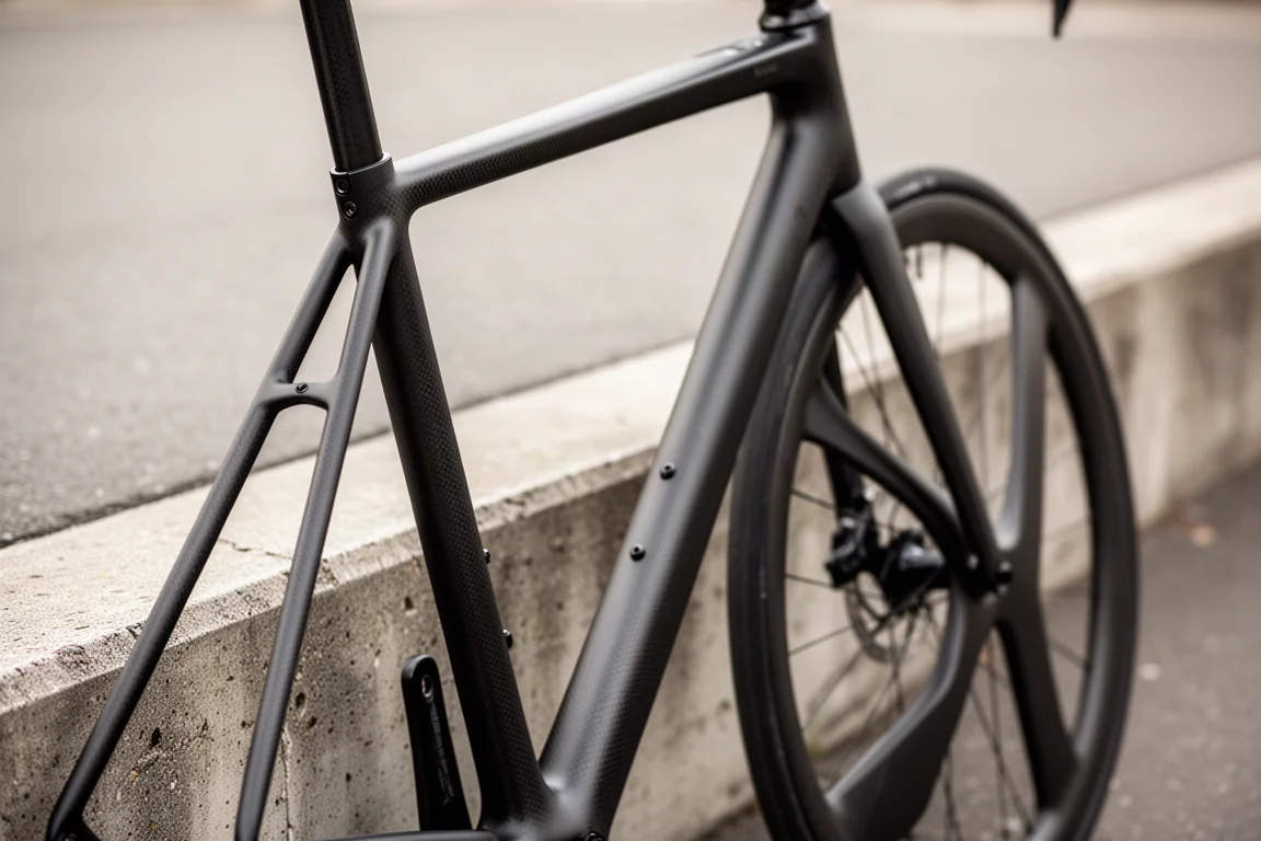 Close-up of a matte black carbon road bike frame with round tubes leaning against a wall