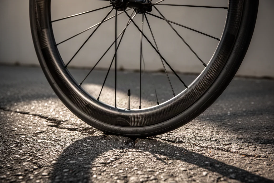 Deep-section carbon-spoked road wheel resting on rough asphalt