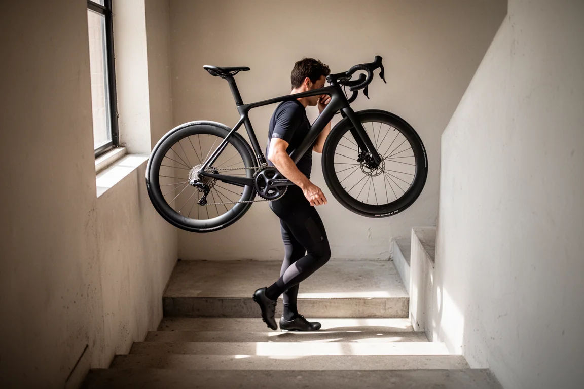 Cyclist carrying a light black road bike up a stairway