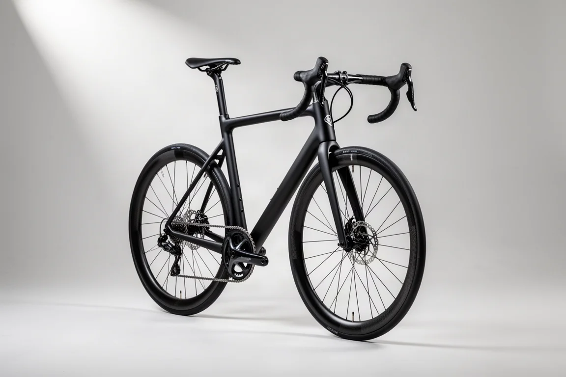 Matte black ultra-light carbon road bike with round tubes and deep carbon wheels on a grey studio backdrop
