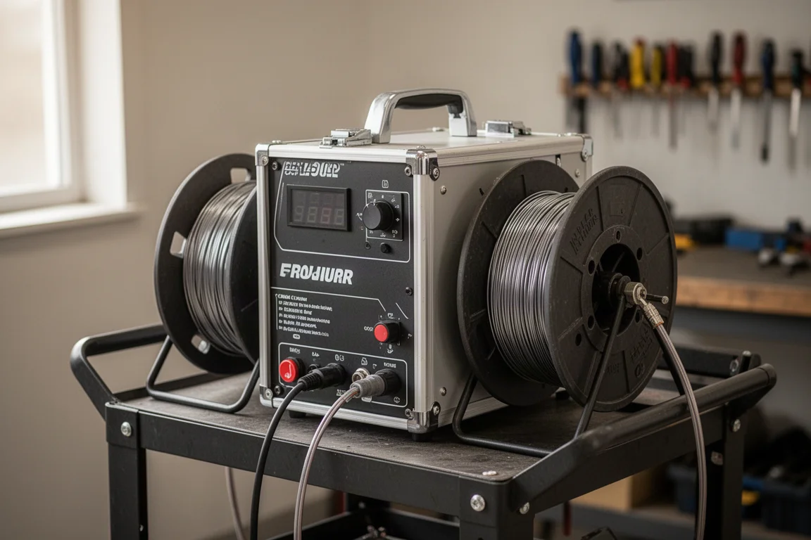Dual wire feeder unit with two wire spools mounted on a workshop cart