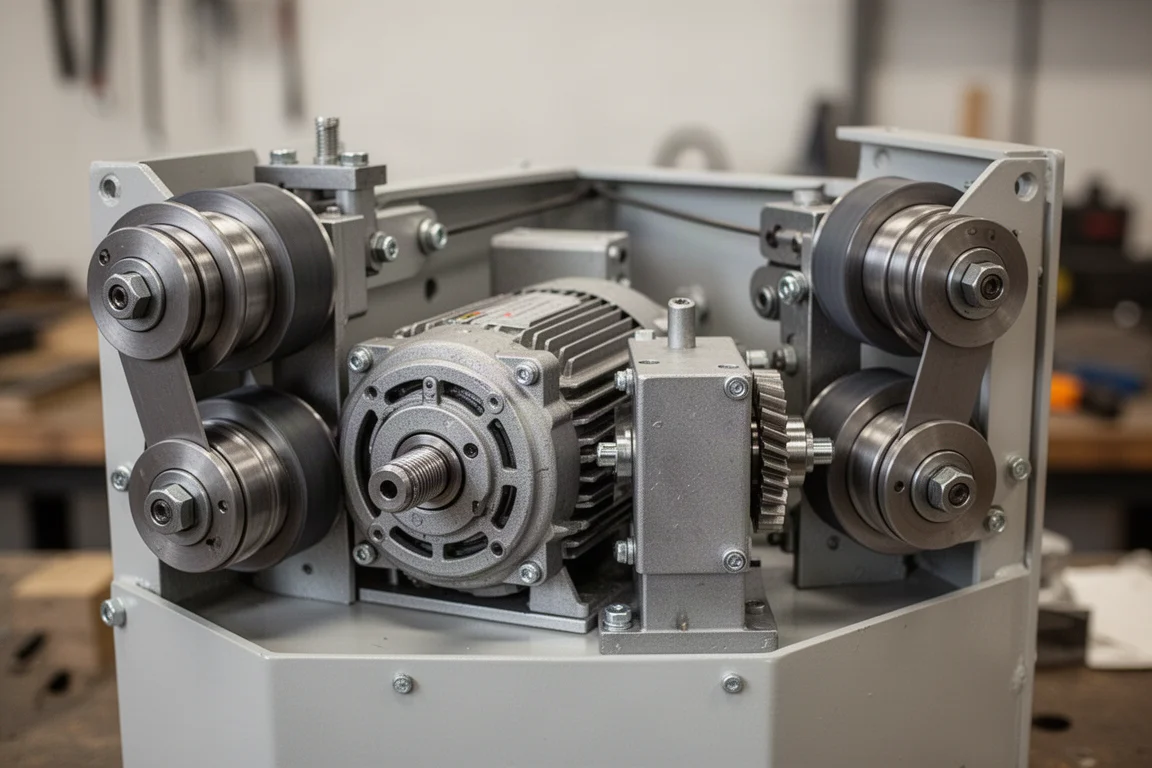 Close-up of dual drive rolls and gear mechanism inside the wire feeder