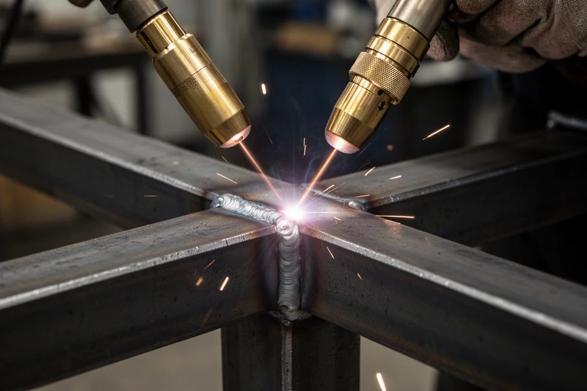 Laser welder depositing a fillet weld on a steel T-joint
