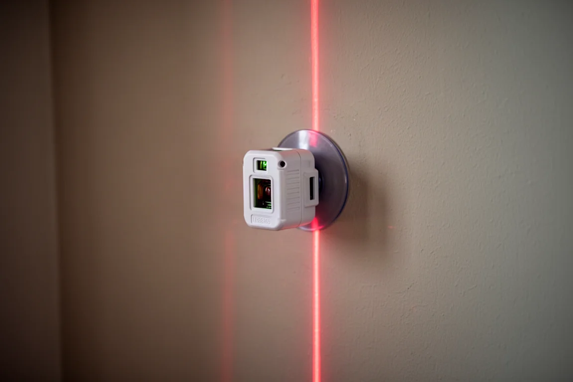 Compact laser level suction-mounted to a wall projecting a vertical red line