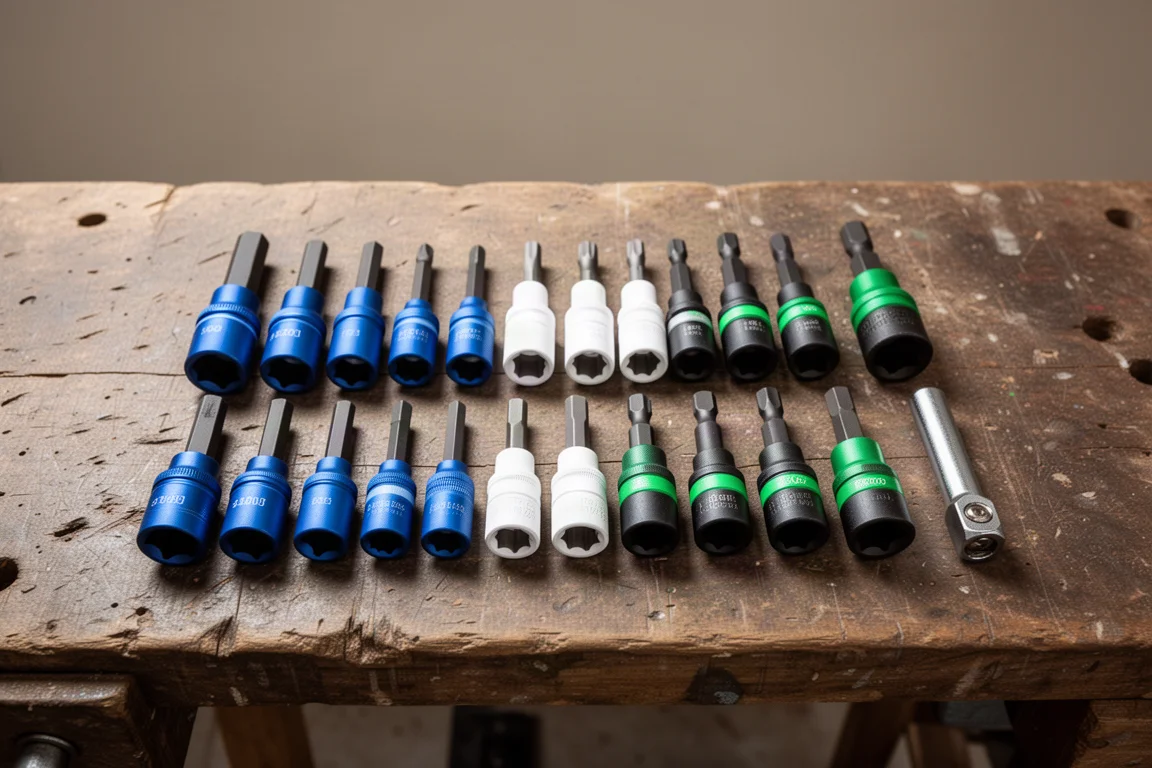 Color-coded magnetic nut driver sockets laid out on a wooden workbench