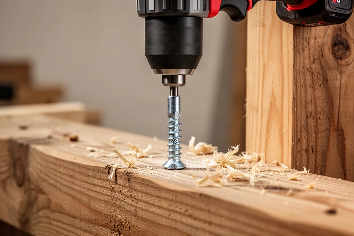 Impact driver driving a large lag bolt through framing lumber