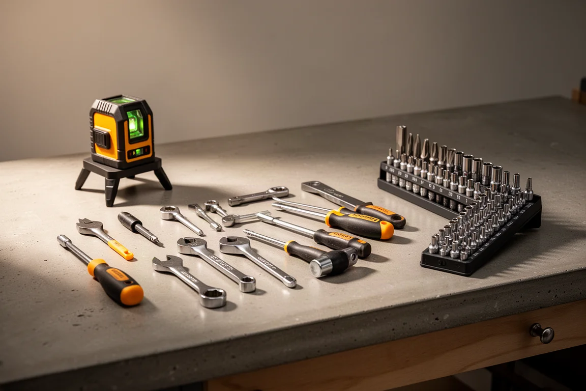 Organized tool drawer with sockets and small hand tools on a workbench