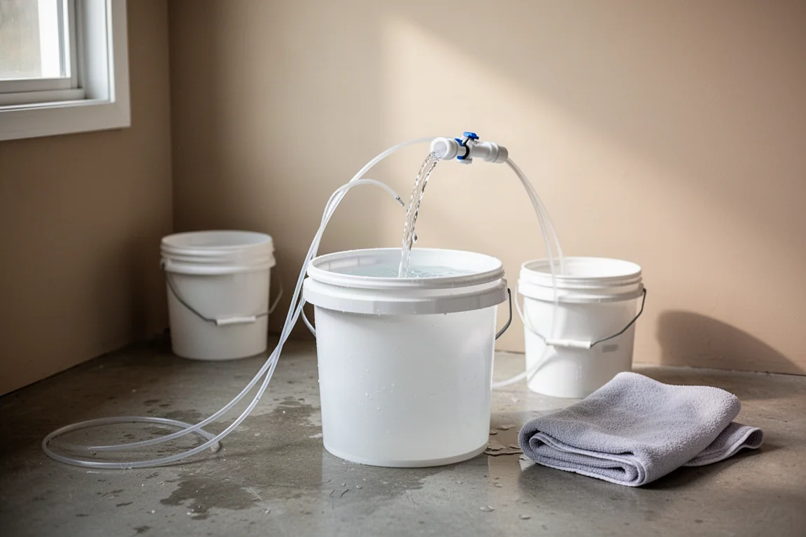 RODI tubing filling a white water container in a home utility area