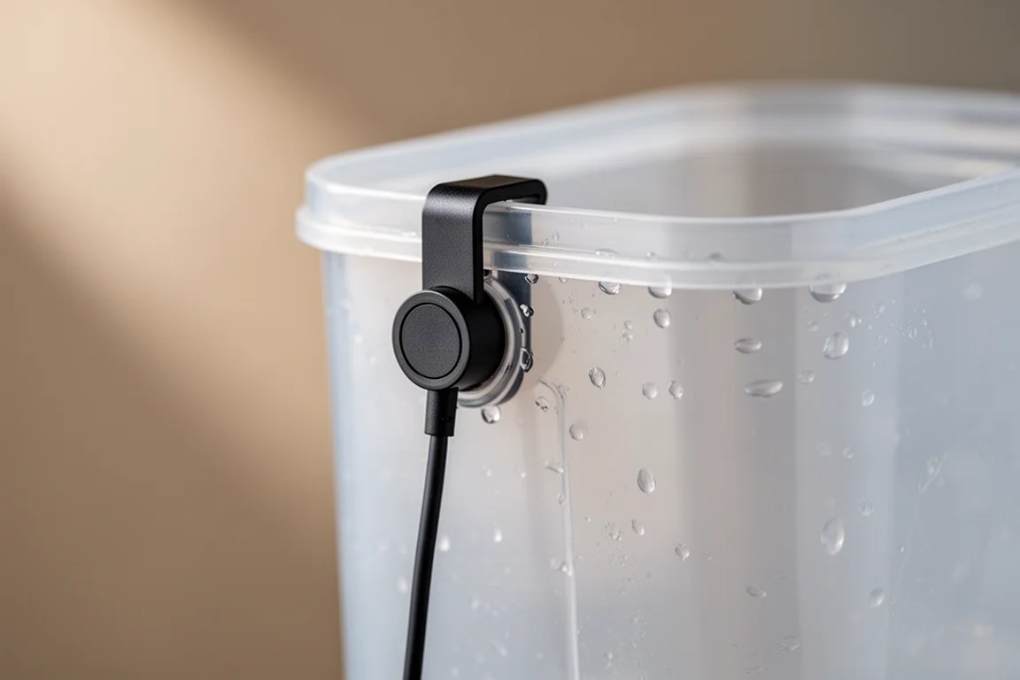 Close-up of a magnetic optical water level sensor clipped to a container rim