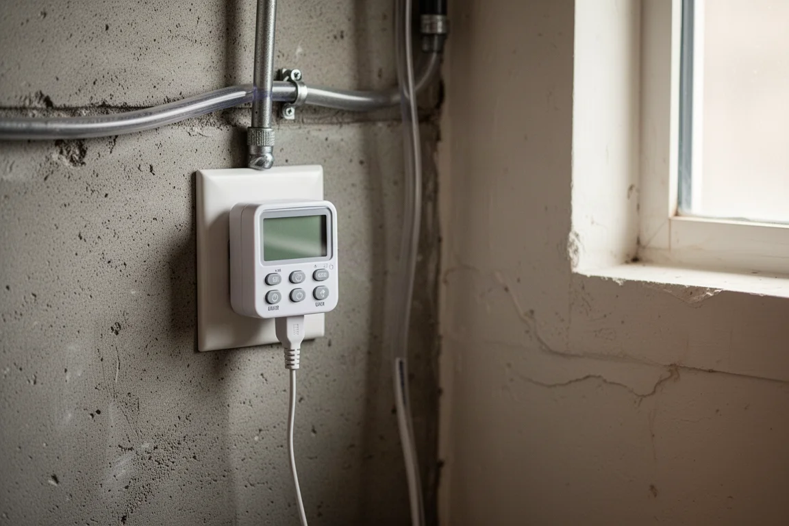 Digital timer plugged into a wall outlet beside aquarium equipment