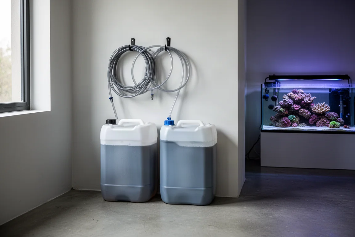 Orderly aquarium water storage area with dry floor and filled containers