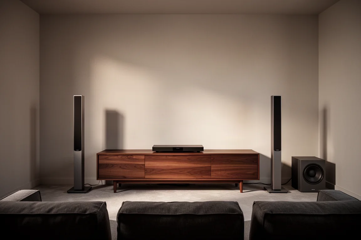 Heimkino-Frontbühne mit zwei vertikalen Lautsprechern, niedrigem Lowboard und Subwoofer in der Ecke