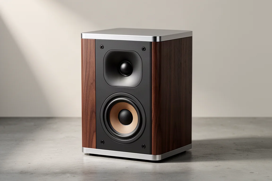 Compact vertical XSG LCR7 speaker with wood veneer and aluminium caps on concrete