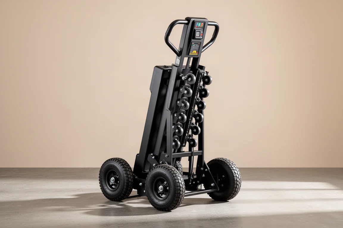 XST motorized stair-climbing dolly with pneumatic wheels and caster rail on concrete floor