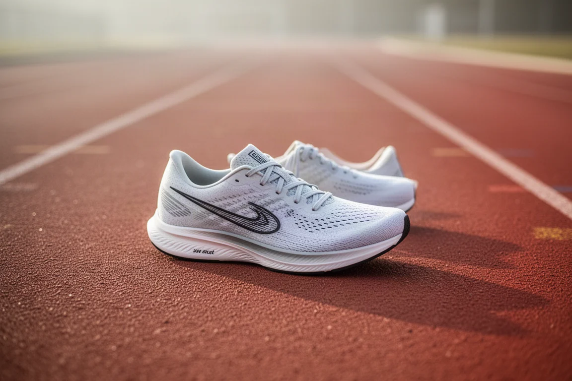 Lightweight racing shoe standing on a running track in early morning light