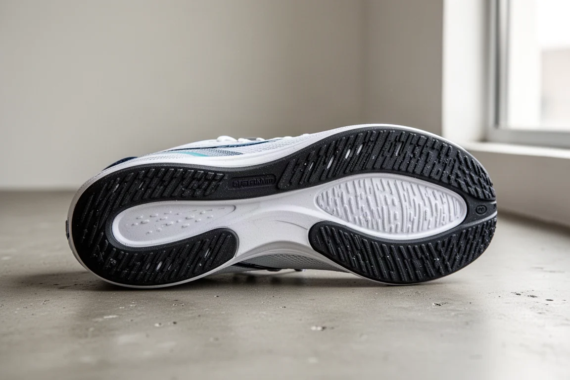 Close-up of the shoe's outsole showing a thick layer of rubber coverage