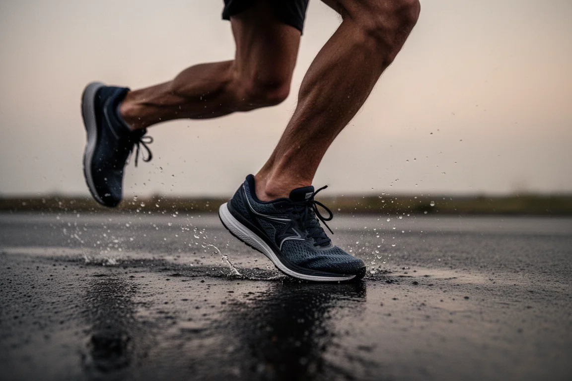 Runner's midfoot strike close-up during a fast tempo run on wet tarmac