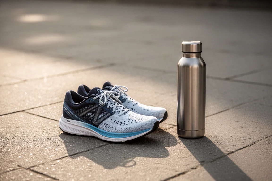 Running shoe beside a water bottle on a pavement before a tempo run