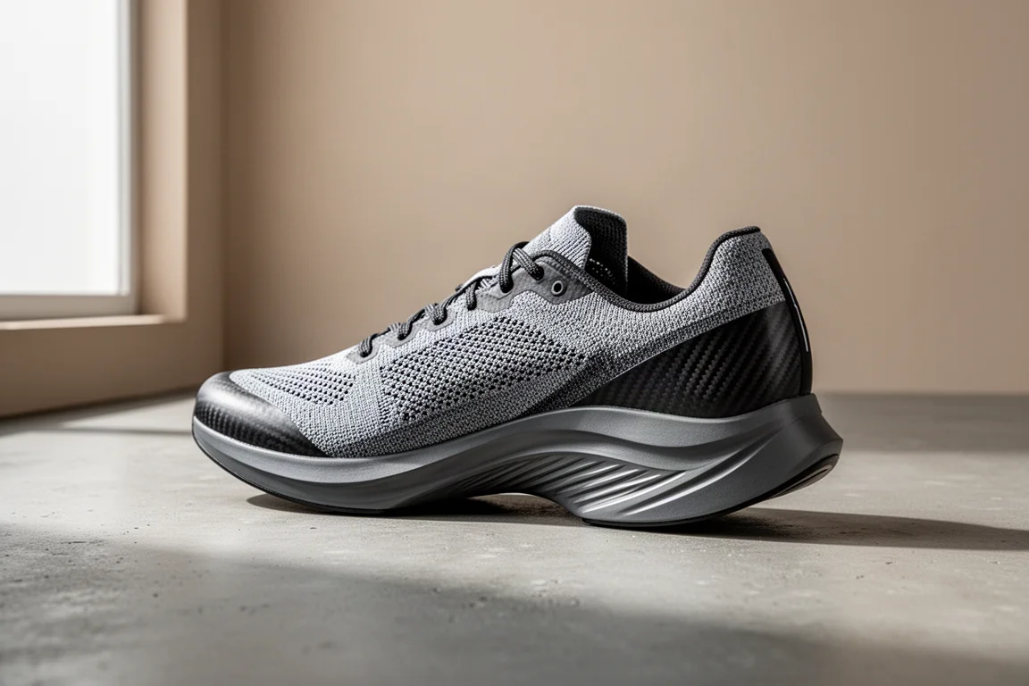 Carbon-plated road racing shoe on a matte concrete surface