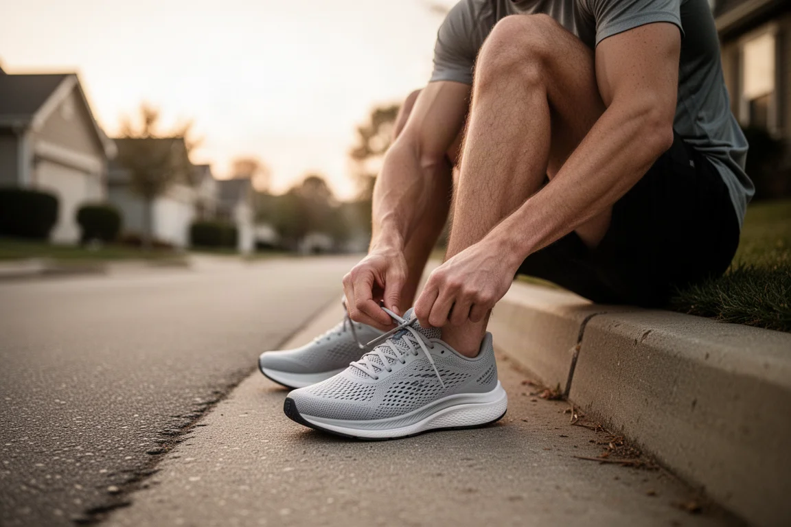 Corredor atándose los cordones de una zapatilla de running ligera en una calle suburbana tranquila al amanecer