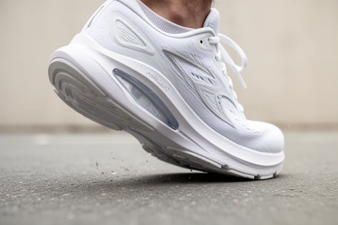 Primer plano de la mediasuela de una zapatilla de running comprimiéndose bajo el pie sobre el asfalto