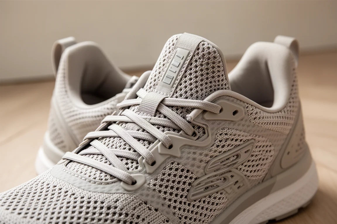 Upper de malla engineered de una zapatilla de running a la luz suave de una ventana